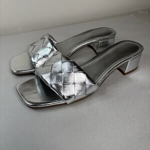 Marc Fisher Silver Slide Sandals Size 8 Casper Woven Block Heel‎ Glam Slip On